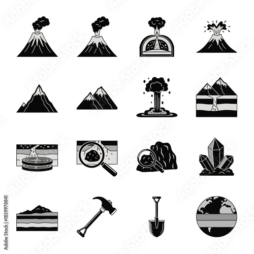 Stunning collection of geology icons depicting volcanoes earth science exploration and mineral discovery for educational use