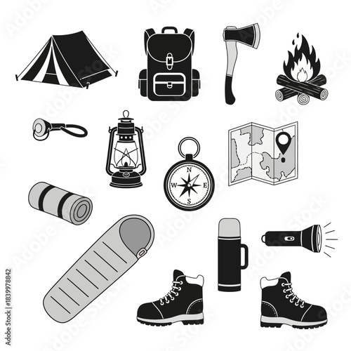 Essential black and white outdoor adventure gear icons perfect for mapping survival or wilderness exploration plans