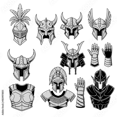 Stunning collection of medieval knight, Viking, samurai, and fantasy warrior helmets and armor pieces for gaming assets