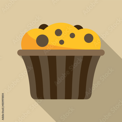 Muffin with chocolate chips in a striped cup creating a delightful dessert illustration