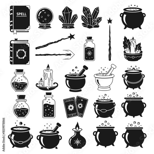 Stunning collection of black and white magic icons featuring cauldrons crystals wands and spell books for occult design