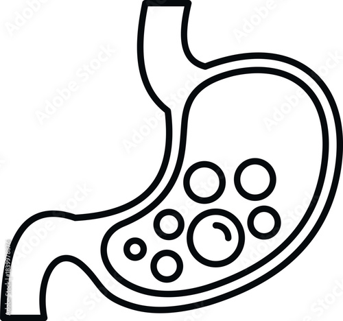 Human stomach experiencing indigestion and bloating with gas bubbles inside, presenting digestive problems