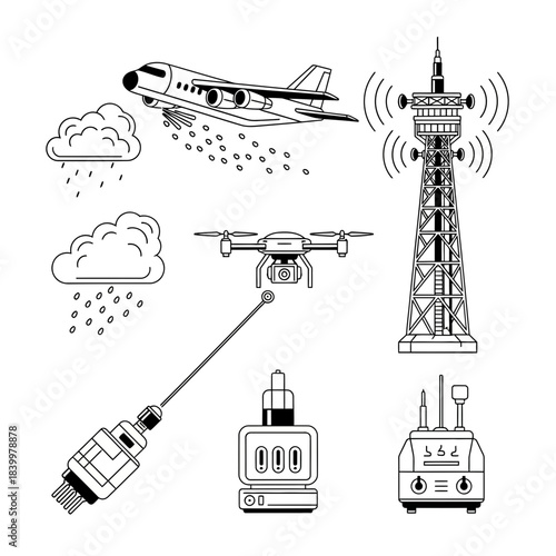 Essential modern aviation and remote technology icons for weather control and communication infrastructure projects
