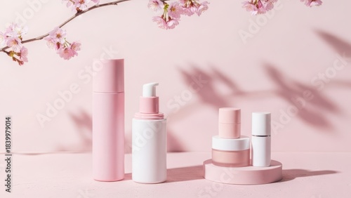 Minimal cosmetic product packaging presentation with soft pink skincare bottles and cherry blossom