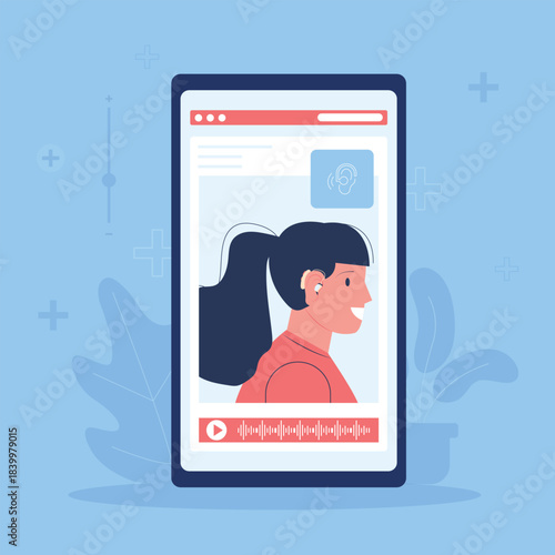 Flat vector illustration of a woman using hearing aid during audio consultation on smartphone screen. Concept of hearing health, audiology, telehealth, sound therapy, and digital healthcare technology