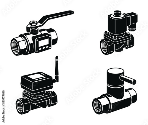 Industrial valves and smart flow control devices. Solenoid valve, ball valve, and smart water meter black icons.