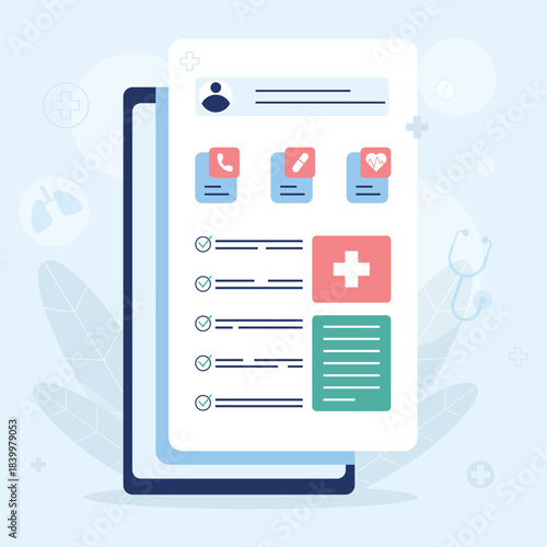 Flat vector illustration of a digital patient medical record interface on a tablet. Concept of telemedicine, electronic health records, online healthcare services, and medical data management.