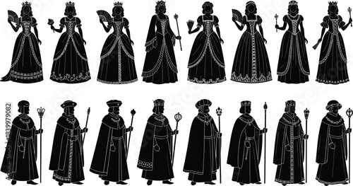 Royal figure silhouette vector set, kings and queens, crown, scepter, gown, robe, historical costume, fantasy royalty, black illustration