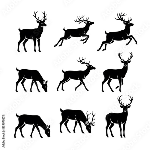Collection of elegant deer silhouettes in various dynamic poses, showcasing their majestic antlers and graceful forms