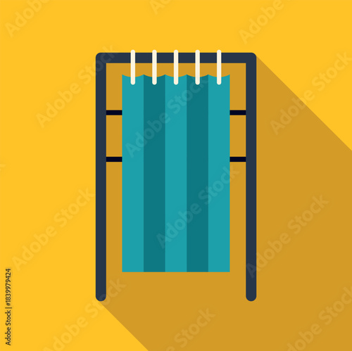 Flat icon illustration showing a fitting room curtain on a rack over a yellow background