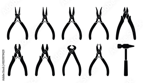 Jewelry pliers set. Various shapes. Hand tools for crafting. Flat nose, round nose pliers