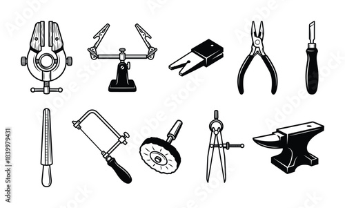 Jewelry making tools. Ring clamp, saw, polishing wheel. Bench anvil. Dividing compass. Graver
