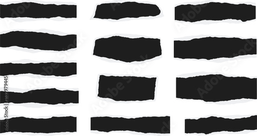 Torn paper strip vector set, ripped edges, black center, jagged texture, scrapbook design, collage element, graphic layout, grunge style