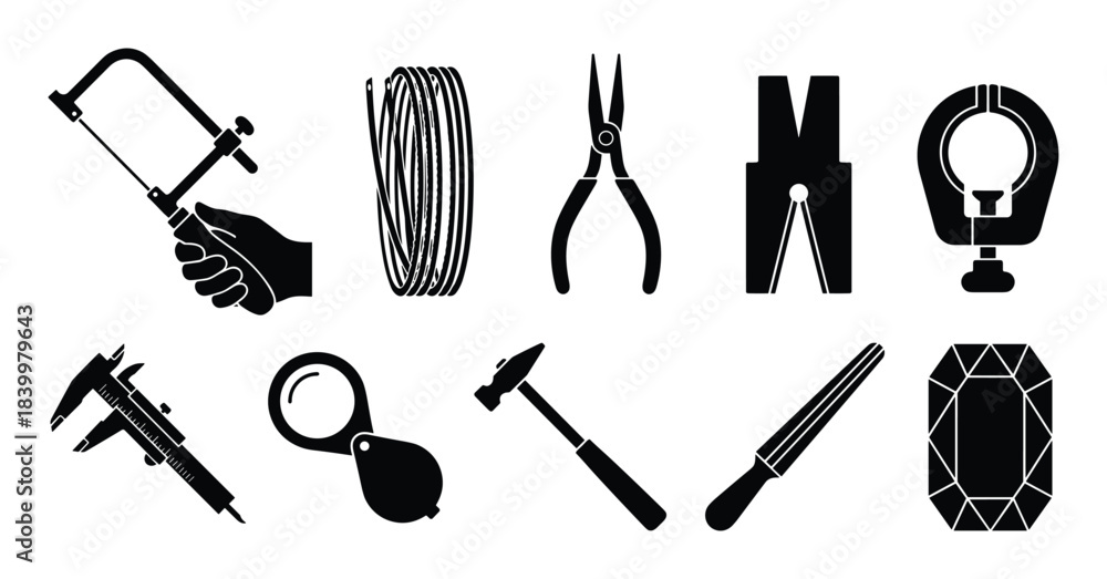 Obraz premium Jewelry tools silhouettes. Handsaw, wire, pliers, anvil, ring clamp, calipers, loupe, hammer, ring sizer, diamond