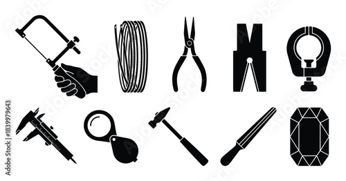 Jewelry tools silhouettes. Handsaw, wire, pliers, anvil, ring clamp, calipers, loupe, hammer, ring sizer, diamond