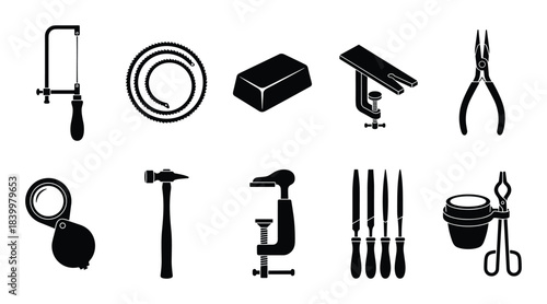Jewelry tools silhouettes. Saw, wire, ingot, workbench, pliers, loupe, hammer, clamp, files, crucible