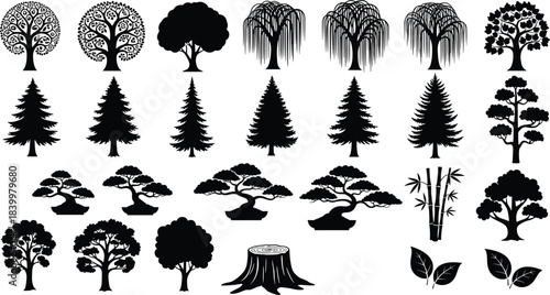 Tree and plant silhouette vector set, deciduous, coniferous, bonsai, bamboo, foliage icons, black illustration, botanical design, nature elements