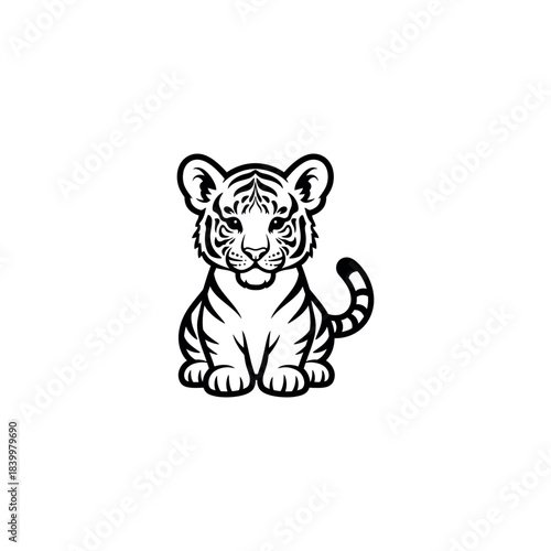 A cute black and white illustration of a baby tiger sitting down looking directly at the viewer with its tail curled