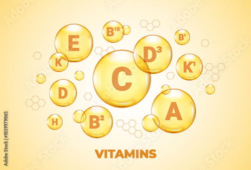 3D vitamin spheres with chemical structure formulas, showcasing a full range of nutrients such. Ideal for cosmetic packaging design and health supplement visuals.
