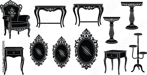 Vintage furniture silhouette vector set, ornate chair, antique table, decorative mirror, classical decor, black illustration, interior design elements
