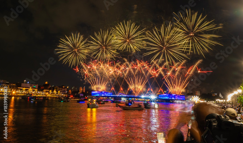 Fireworks display celebrating the magnificent Chao Phraya Festival along the Chao Phraya River, Bangkok, Thailand