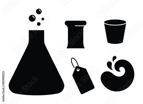 Laboratory glassware collection. Chemistry icons set. Science lab equipment. Liquid splash symbol.