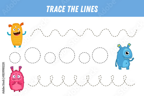 Tracing lines for kids. Cute cartoon monsters. Handwriting practice. Educational game for preschool kids. Activity page. Vector