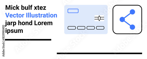 Digital payments, fintech, networking, e-commerce, communication, transactions. A credit card icon next to a network symbol with blue nodes and connections. Digital payments and networking concept