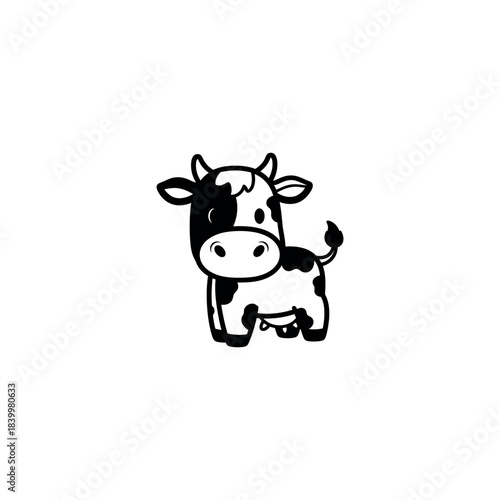 Charming black and white cartoon cow illustration, featuring a friendly, spotted bovine character in a whimsical style, ideal for children's designs and farm animal themes