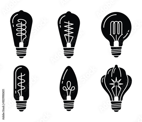 Light bulb edison lamp black silhouette set. Creative idea and electricity symbol.