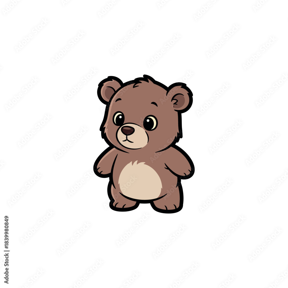 Fototapeta premium Charming vector illustration of a sweet baby brown teddy bear character, standing upright with innocent eyes, perfect for children's books, nursery designs, and playful digital content