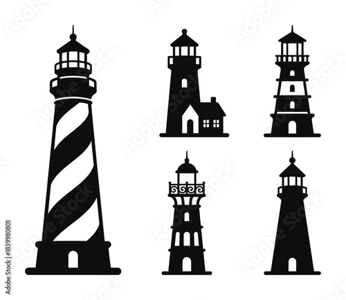 Lighthouse icon set black silhouettes. Tall beacons guiding ships in ocean with light.