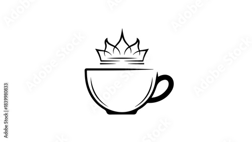 Elegant Royal Coffee Cup with Crown Icon. Premium Beverage Outline Logo Concept in Black and White Minimalist Design.