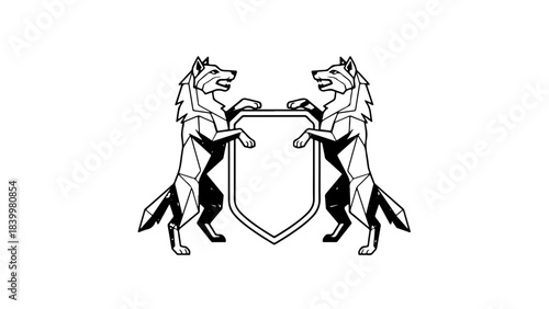 Black and white heraldic emblem: two stylized wolves flanking and supporting a blank shield, a strong symmetrical crest design