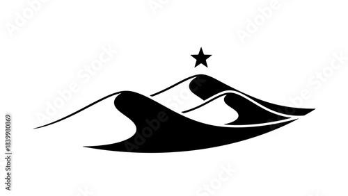 Stylized desert sand dunes with a glowing star above, minimalist black and white vector illustration, nature landscape icon