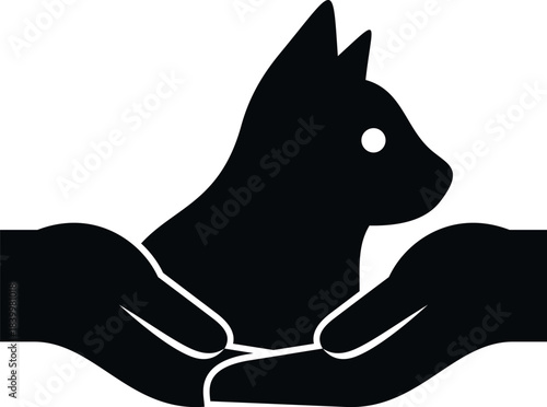 Human hands cradling a cat silhouette, illustrating animal care and protection concept
