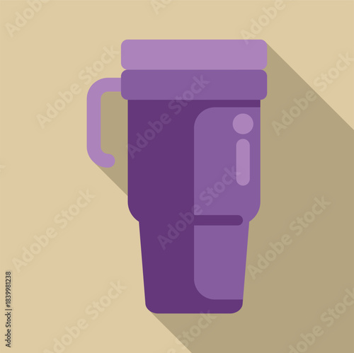 Purple travel mug icon with a handle and lid, depicting a flat design style with long shadow