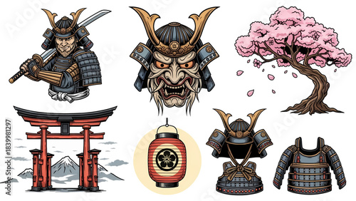 Traditional Japanese Samurai Warrior Mask Armor Torii Gate Cherry Blossom Tree and Lantern Vector Collection.