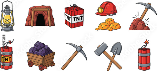 Mining tools and equipment vector collection featuring TNT explosives, pickaxe, shovel, gold bars, coal cart and miner helmet icons