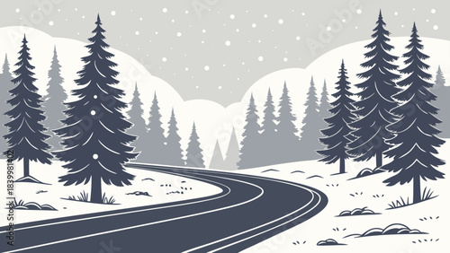 A winding road through a snowy forest with tall pine trees and a backdrop of snow covered mountains