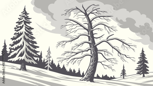 Winter landscape with snow covered ground and bare tree under cloudy sky in monochrome illustration