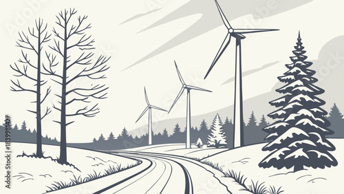 Wind turbines and bare trees stand in a winter landscape with a winding road leading through the scene