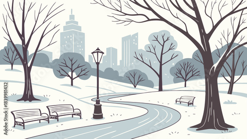 Illustration of a winter park scene with bare trees benches and a winding path leading to city buildings