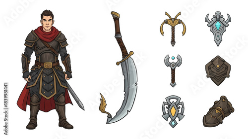 Fantasy warrior character with sword and various medieval weapons and shields.