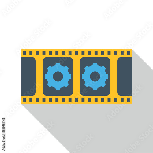 Film strip showing blue gears, representing video production and movie editing