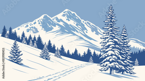 Illustration of a snowy mountain landscape with evergreen trees and ski tracks in the foreground scenery