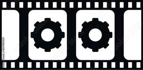 Film strip featuring two gears, representing video production processes and settings