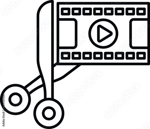 Scissors cutting a film strip with a play button, symbolizing video editing and production