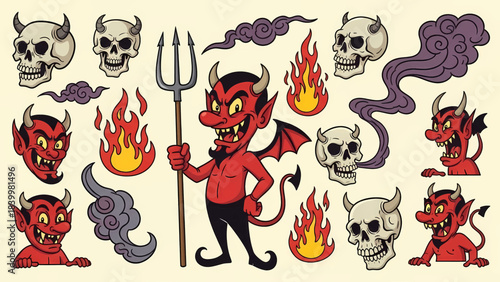 Vintage Cartoon Devil Characters Horned Skulls Flames and Smoke Illustration Set.