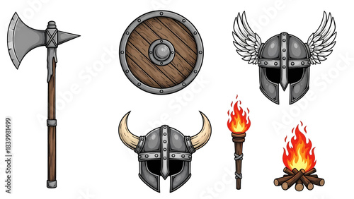 Viking warrior equipment set featuring axe shield horned and winged helmets torch and campfire.